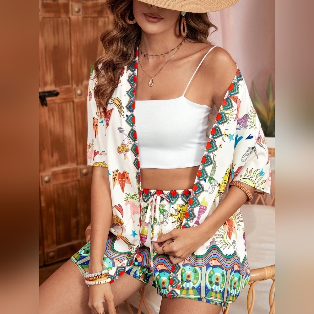 Summer Mushroom Print Front Open Jacket And Elastic Waist Shorts Music Festival - Picture 4 of 5